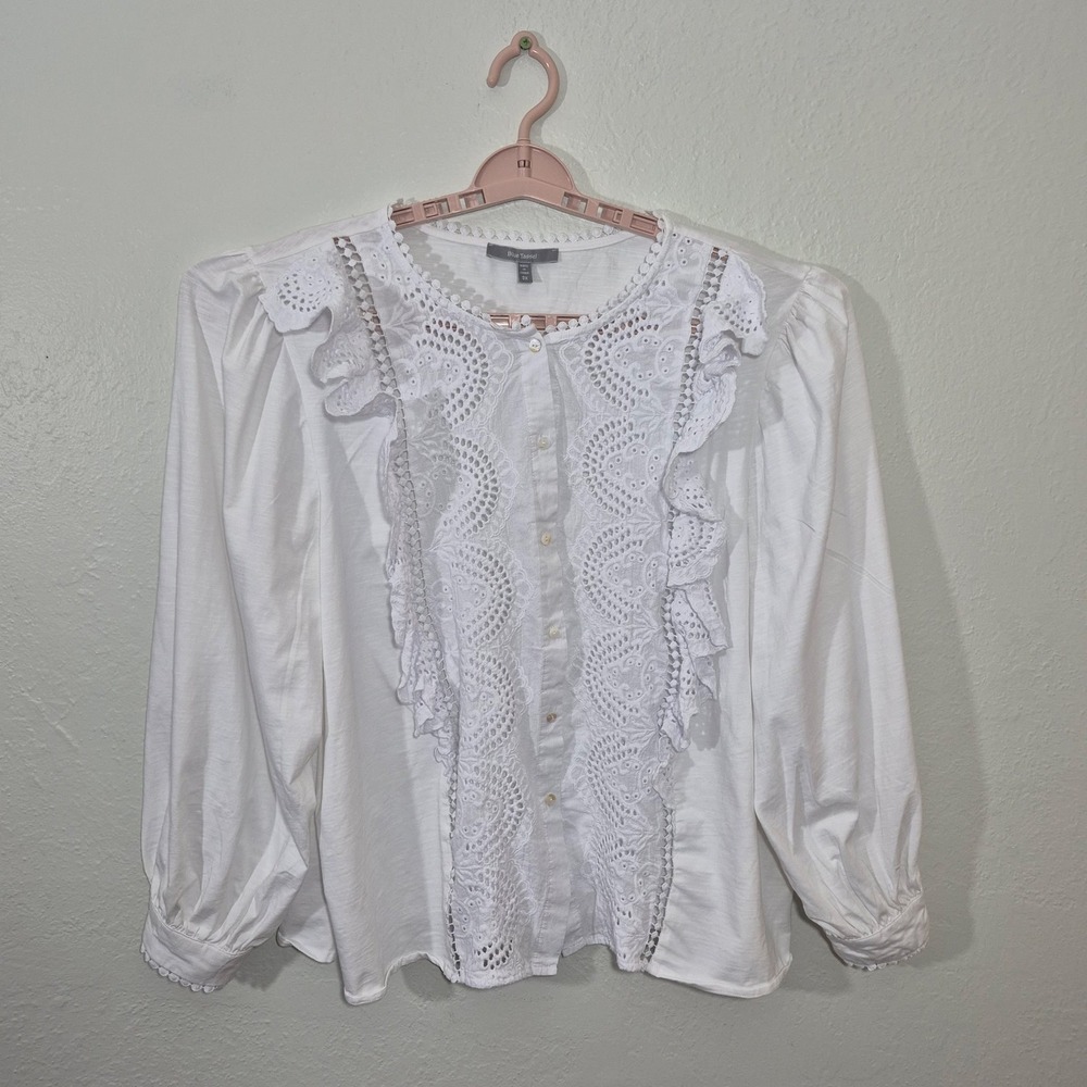 Blue Tassel White Eyelet Lace Ruffle Blouse Plus Size 3X Slub Knit Cotton Top